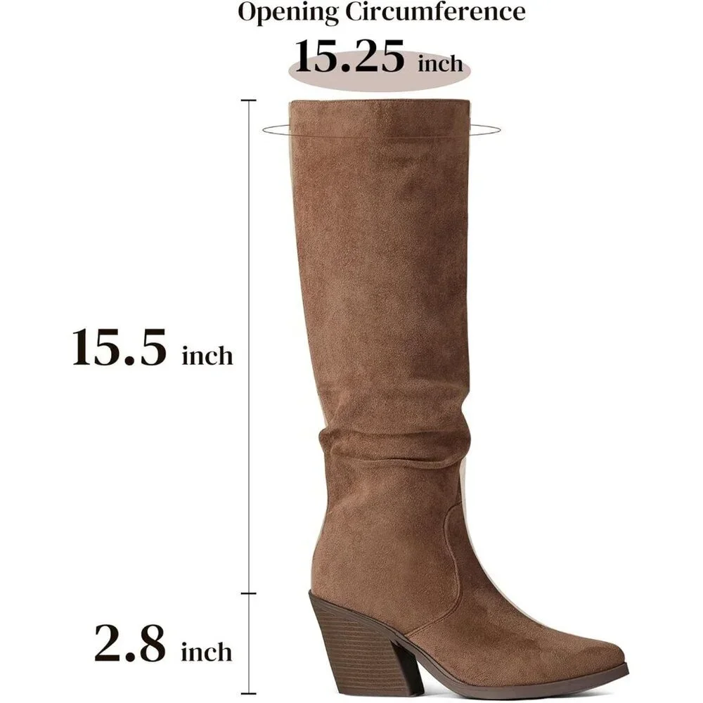 Women's Brown Faux Suede Chunky Heel Boots Side Zipper Slouchy Knee High Boots